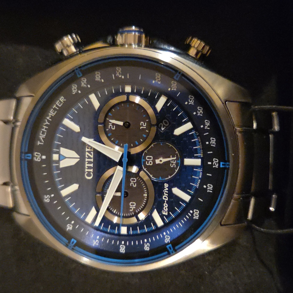 New Citizen Eco-Drive Watch CA4560-81L Chronograph Blue Dial Silver Steel Strap - Picture 4 of 8